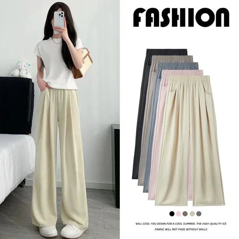 maoxiangshop 2024 Summer New Ice Silk Wide Leg Pants Women Thin Loose Ladies Casual Pants Slimming Y2K Women with Pockets Mop Pants Slim Body