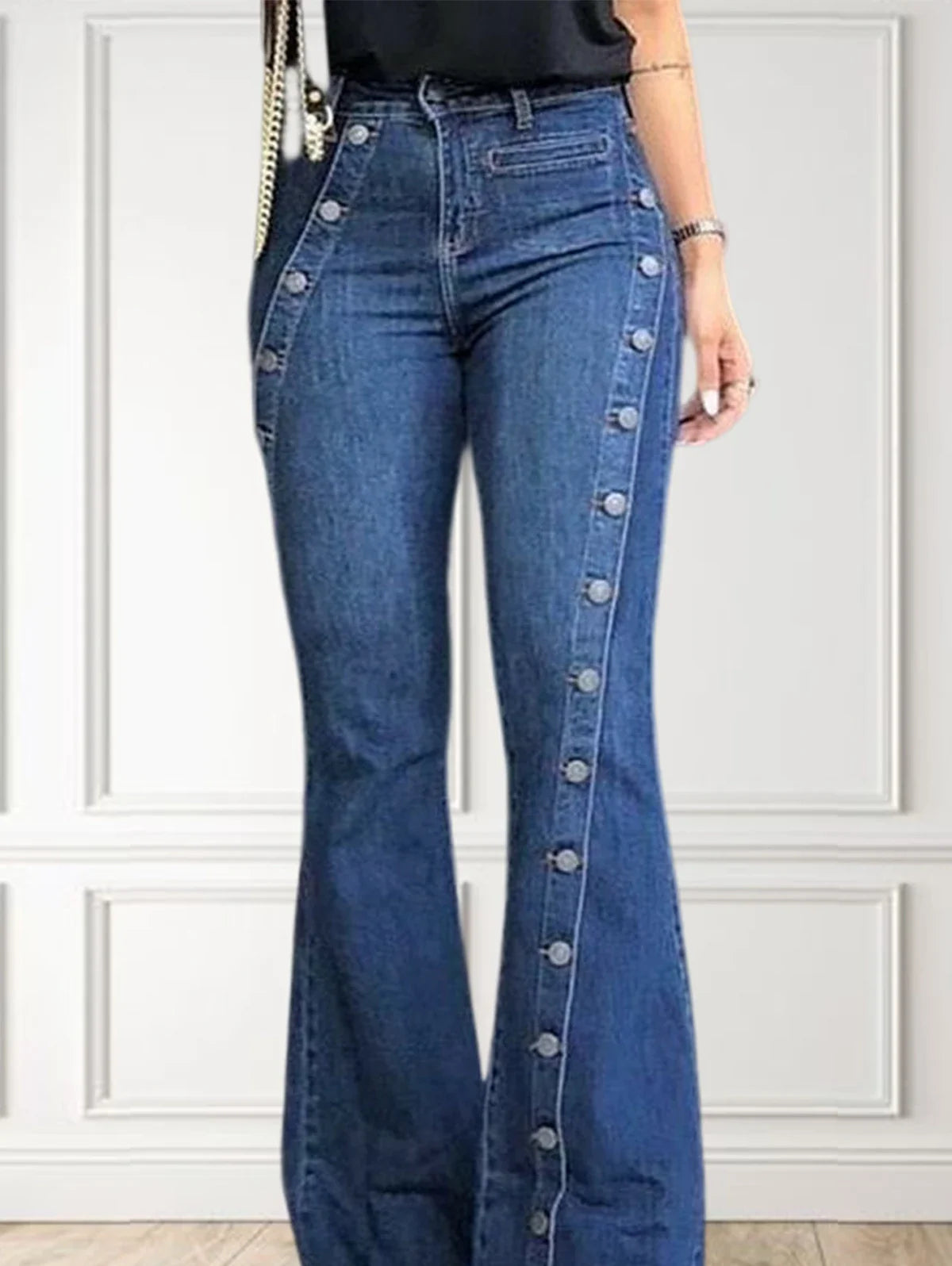 maoxiangshop Women High Jeans Fashion Plain Button Decor Flare Leg Long Denim Pants Vintage Casual Streetwear Female Flare Denim Pants
