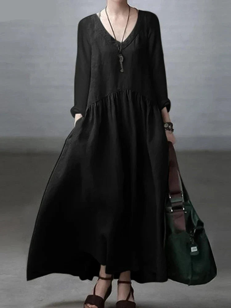 maoxiangshop Autumn Long Sleeve V-Neck Mid-Calf Length Sundress Women Solid Color Baggy Dress Pure Cotton Holiday Loose Dresses