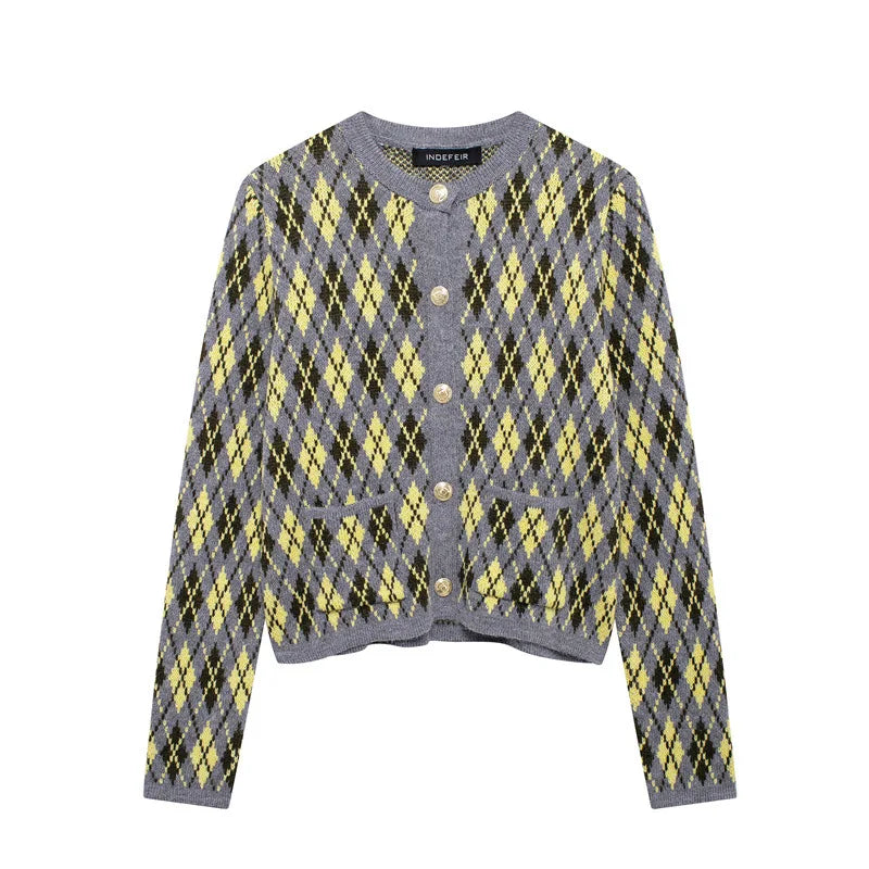 maoxiangshop - Irregular Plaid Knitted Cardigan Women Round Neck Single Breasted Long Sleeve Sweater Vintage Casual Jumper Outerwear Autumn New