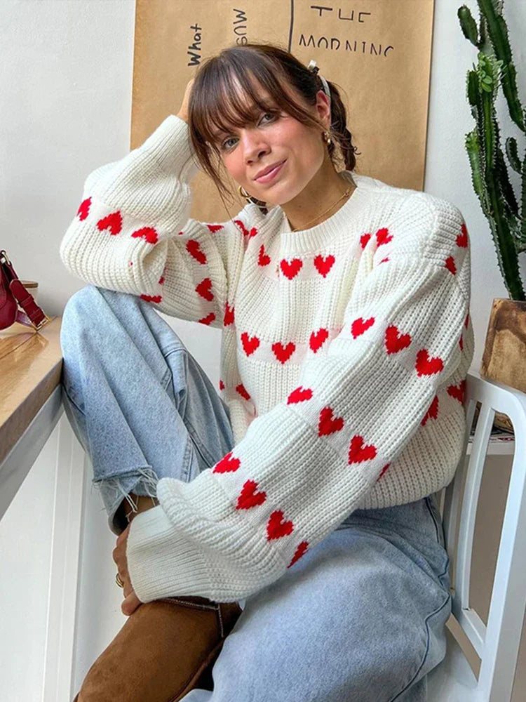 maoxiangshop - Loose Knit Women's Sweater Fashion Jacquard Long Sleeve Top Pullover 2024 Autumn New Casual Lady Tops Knitwear Streetwear Jumper