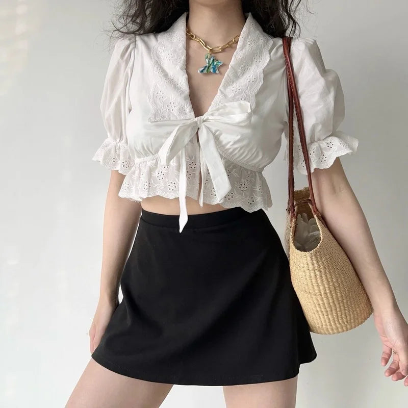 maoxiangshop Ruffle White Shirt Women Crop Top Sexy Hollow Out Elegant Puff Sleeve V-neck Bow Lace-up Blouses Summer Cute Short Shirt