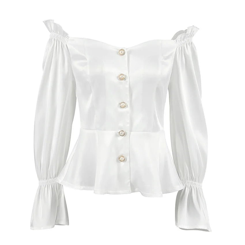maoxiangshop - Elegant Women Shirt 2024 Autumn Winter Satin shirt White Ruffle Hem Buttoned Off Shoulder Strap Long Sleeve Slim Fit Blouse