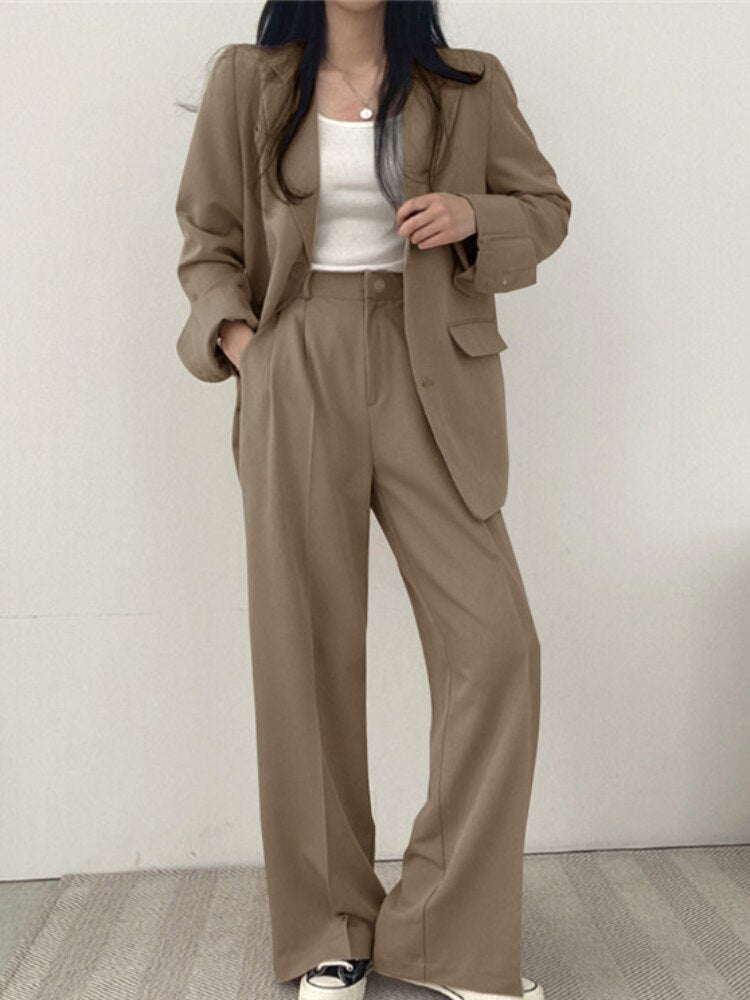 maoxiangshopWomen Suit Jacket Trousers Set Full Sleeve Single Breasted Pants Solid Elegant Suit Commuter Coat Autumn Winter Clothing