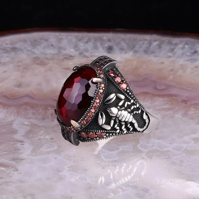 maoxiangshop Retro Handmade Turkish Signet Rings for Men Ancient Silver Color Carved Ring Mystic Zircon Inlay New Punk Motor Biker Ring