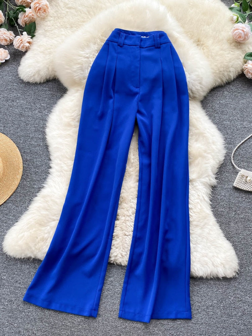 maoxiangshop Korean Fashion Women Flare Pants Solid High Waist Pleated Front Full Lengh Trousers Summer Casual Female Long Pants