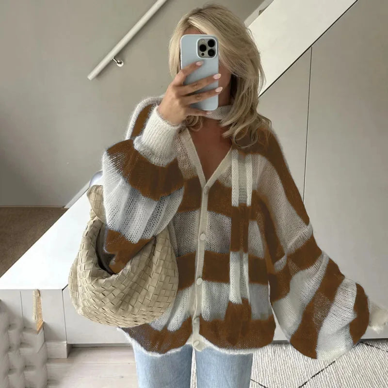 maoxiangshop - Striped Knit Sweater Cardigan With Scarf Women Casual V Neck Lantern Sleeve Coat 2024 Autumn Chic Contrast Lady Fashion Knitwear