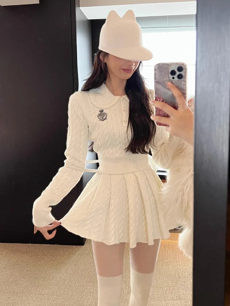 maoxiangshop2 Autumn Preppy Style Knitted Clothing Suit Woman Slim Kawaii Swearter Tops Casual Y2k Mini Skirt Woman Fashion 2 Piece Set