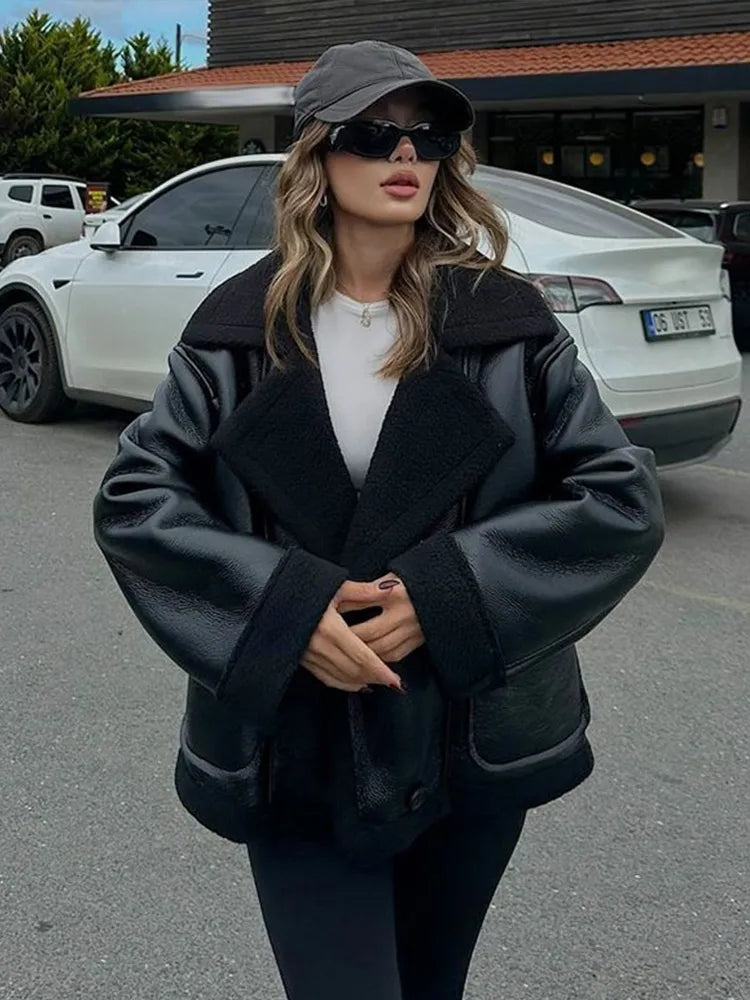maoxiangshop - Plush Patchwork Lapel PU Leather Jackets Women Casual Loose Long Sleeved Jacket Female Autumn Winter Chic High Street Outwears