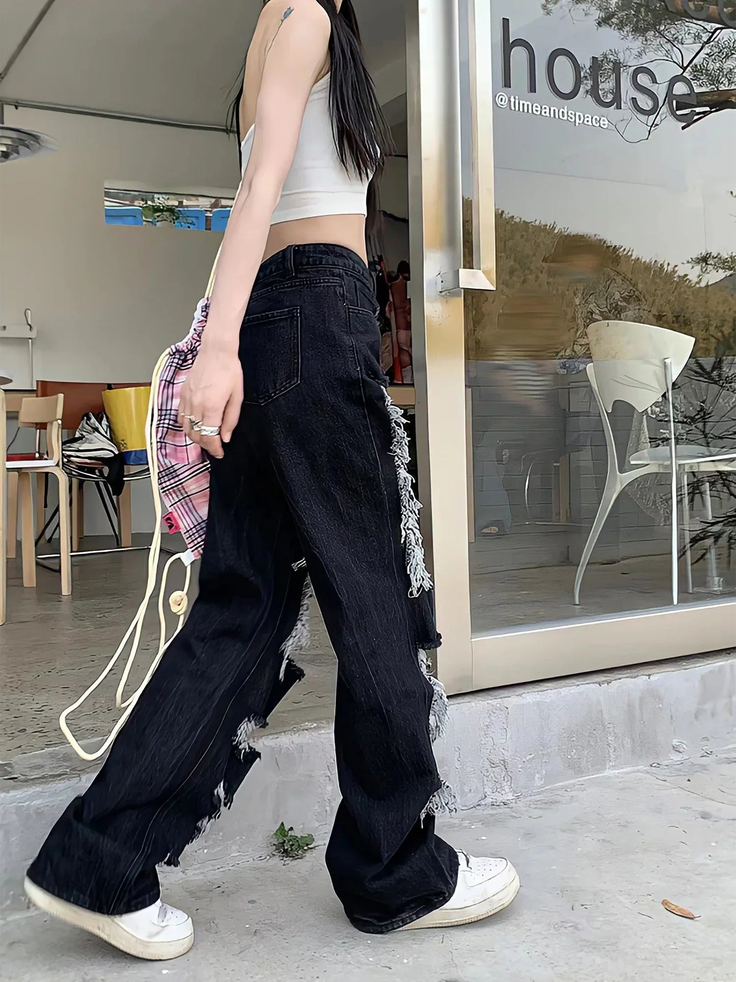 maoxiangshopNew All-Match Y2k Distressed Women Broken Hole Jeans High Street Hip Hop High Waist Straight Loose Trousers Washed Mopping Pants