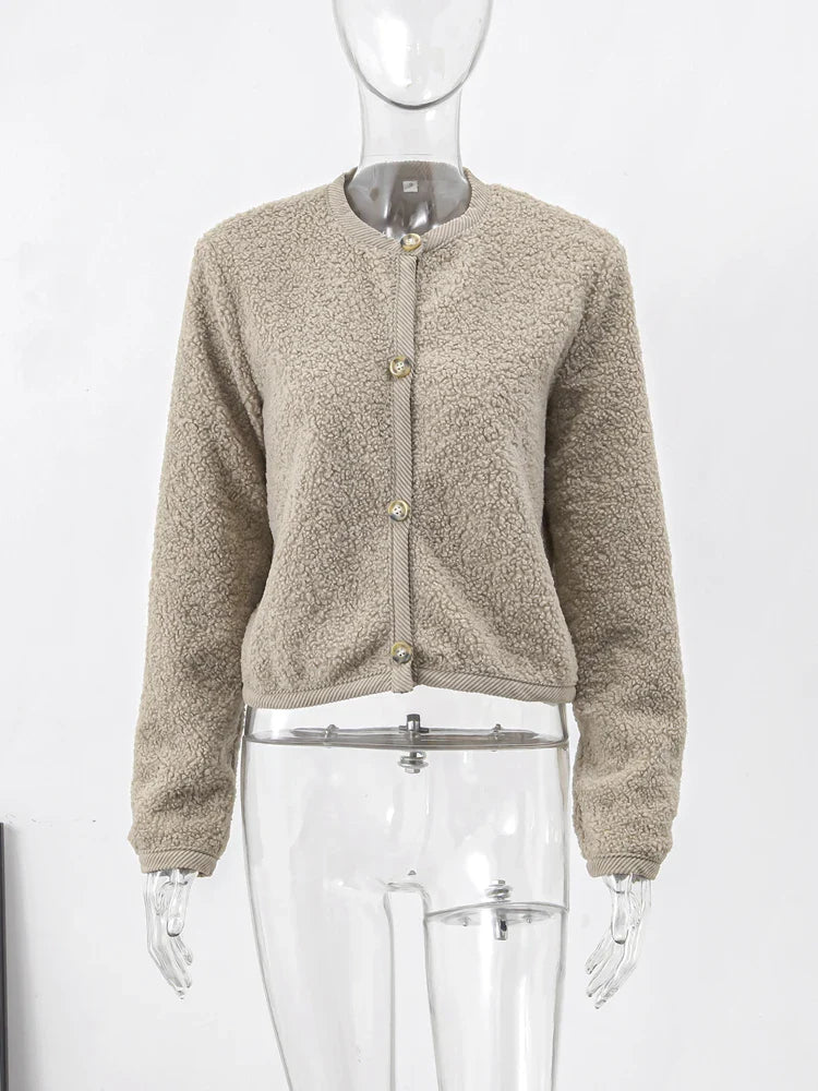 maoxiangshop - Fashion Lamb Wool Women Short Coats O-neck Long Sleeve Single Breasted Jackets Female Autumn Winter Office Lady Commuting Coat