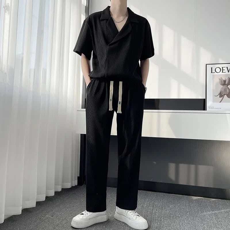 maoxiangshop Summer Pleated Sets Men Fashion Casual Short Sleeved T shirt/Trousers Two-piece Mens Korean Loose Ice Silk Sets Men 3-color