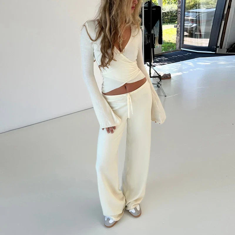 maoxiangshop - Vintage 2 Piece Outfit V Neck Waist Tie T-shirt + Elastic Waist Pants Women Fashion Lounge Set Autumn Long Sleeve Crop Tops