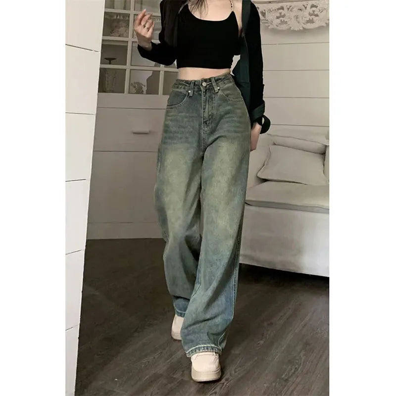 maoxiangshop2 Vintage 90S Baggy Straight Denim Trousers Female Y2K High Waist Loose Wide Leg Jeans Women Streetwear All-Match Casual Pants New