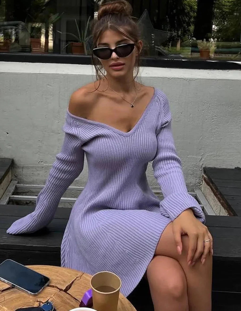 maoxiangshop - V-neck Long Sleeved Sexy Short Dress Knitted Autumn Winter Solid Color A-line Backless Pleated Women Dresses Fall Fashion