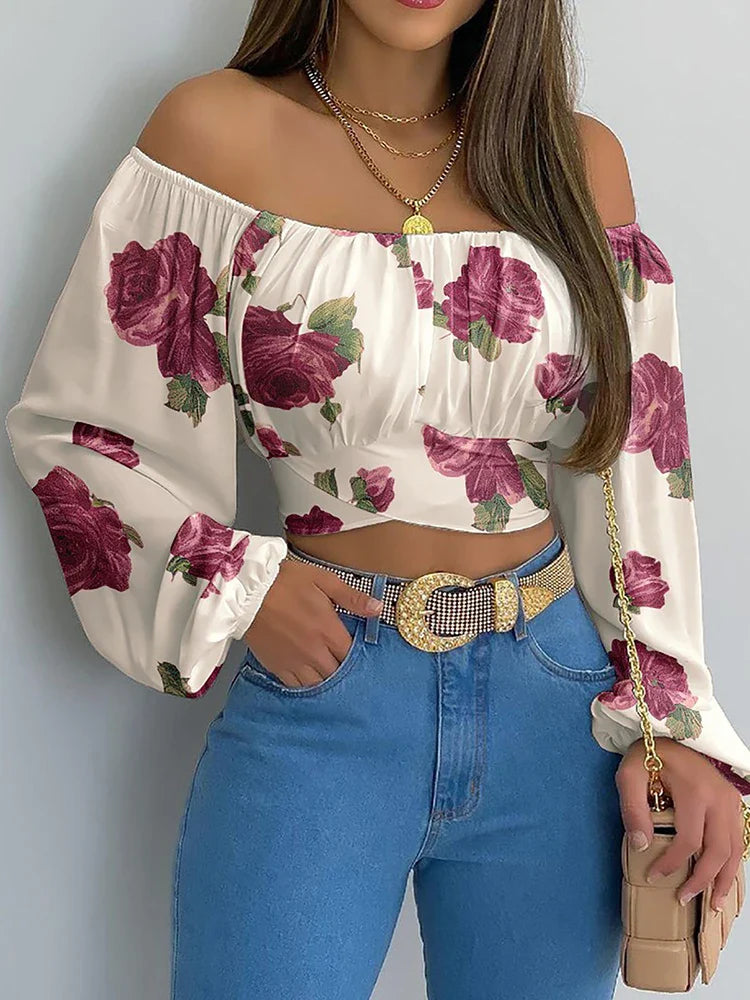 maoxiangshop Women Sexy Off Shoulder Printing Blouses Chic and Elegant Lantern Long Sleeve Lace Up Bow Cropped Tops Casual Slim Shirts