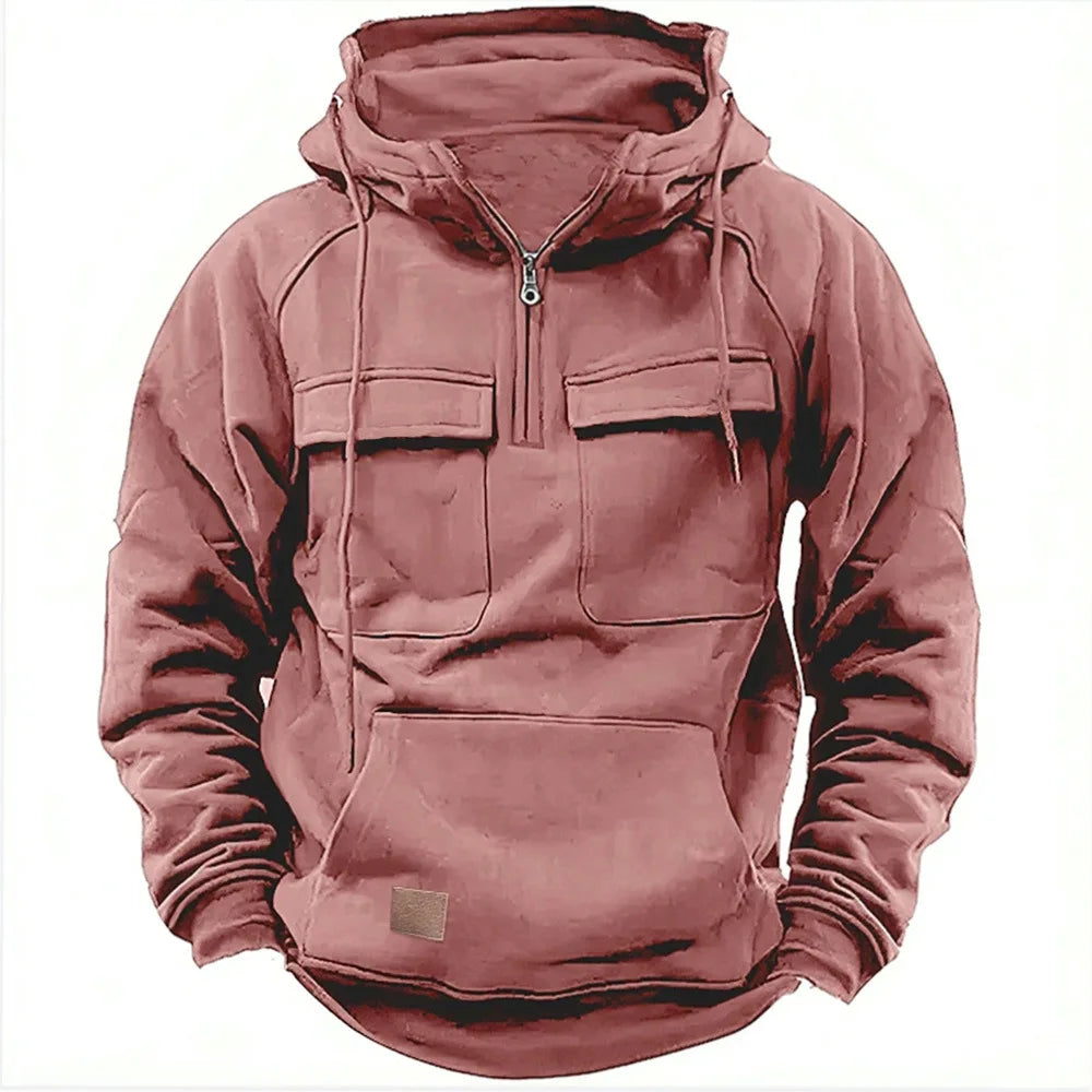 maoxiangshop Half Zipper Men's Hoodies Solid Warm Fleece Sweatshirts Multi Pockets Male Hooded Jackets Thick Outdoor Polar