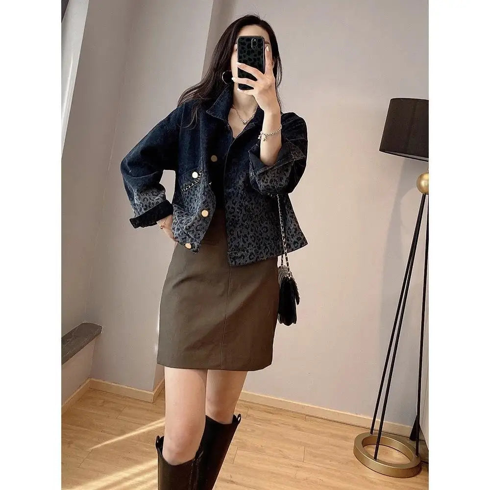Jackets Women Spring Autumn Denim Jacket Blue Black Jean Jacket Streetwear Vintage Leopard Short Tops Korean Loose Cowboy Jacket