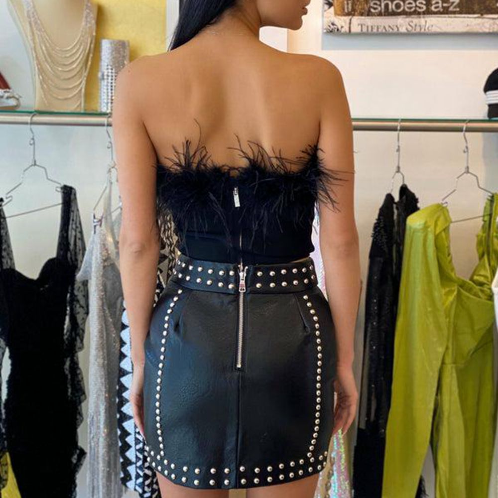 maoxiangshop Women Tube Tops Solid Color Feather Furry Trim Sleeveless Off Shoulder Backless Back Zipper Slim Fit Crop Tops