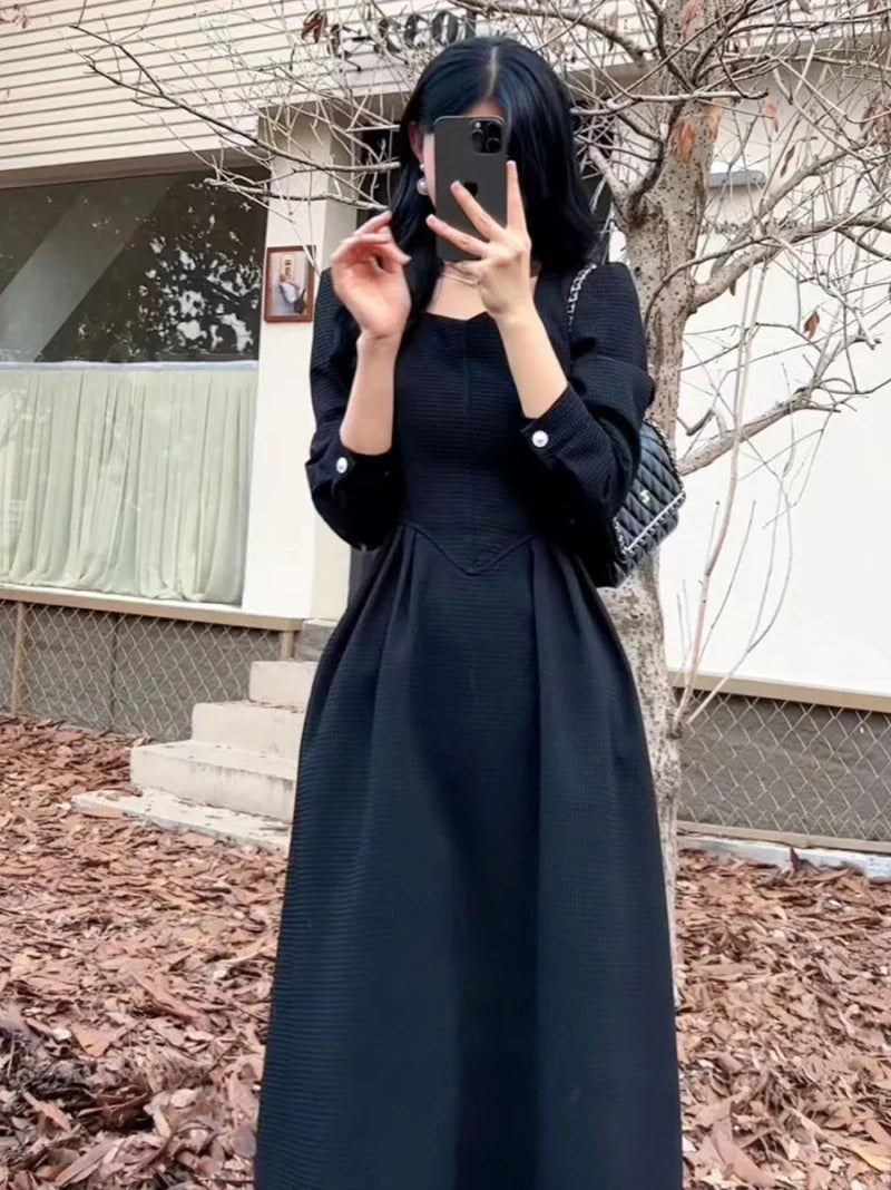 maoxiangshop Vintage Black Midi Dresses for Women Spring Autumn Square Neck Long Sleeve Elegant Party Red Female Clothing Korean Fashion
