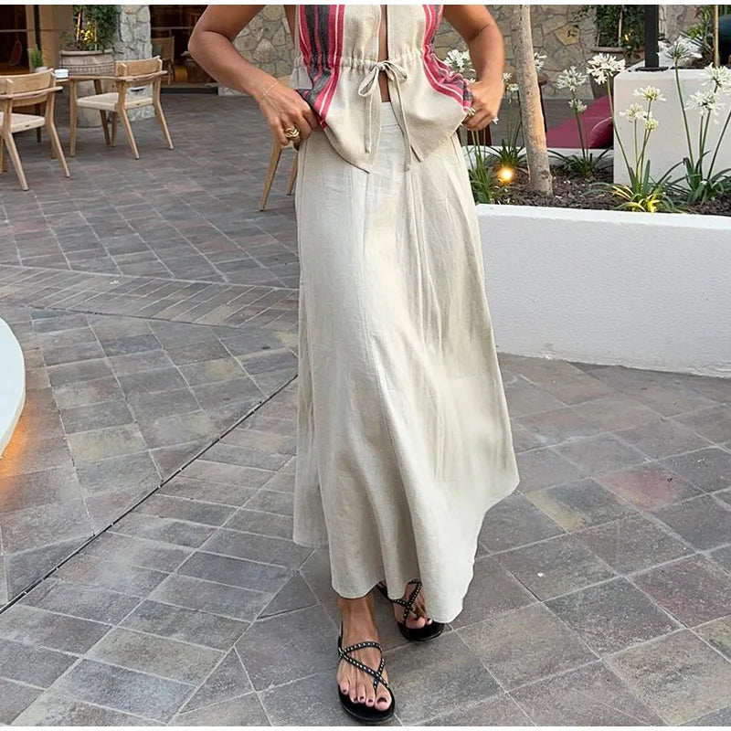 maoxiangshop - Casual Printed Lace Up Vest Skirt Sets For Women V-neck Sleeveless Pleated Top Loose Solid Skirts Suit 2024 Autumn Lady Outfits