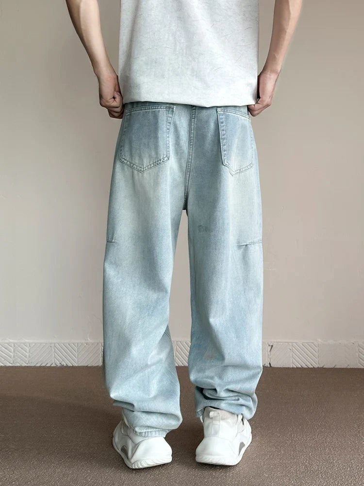 maoxiangshop Korean Fashion Men's Baggy Jeans Light Blue High Street Straight Wide Trousers Personalized Washed Y2k Pants Male