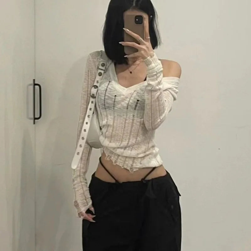 maoxiangshop Coquett Y2K Women's Knit Sweater Hollow Out Knitwear V Neck Pullovers Spring See Through Jumper Harajuku Fashion Grunge