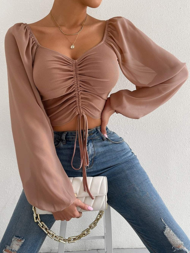 maoxiangshop Fashion Sexy Low-cut Long Sleeve Crop Tops Women Summer Autumn Slim Solid Top Femme And Blouses Chiffon Shirt