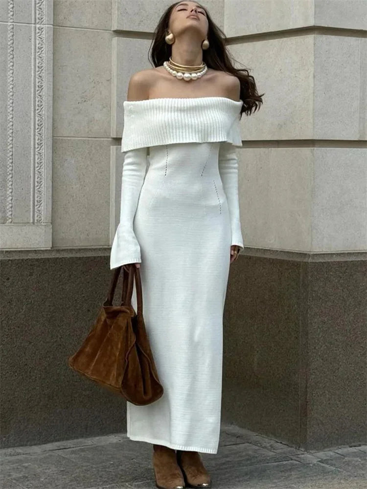 maoxiangshop - White Autumn Knit Sweater Long Dress Women Ribbed High Waist Fashion Off-Shoulder Loose Party Dress Female Knitwear Dress
