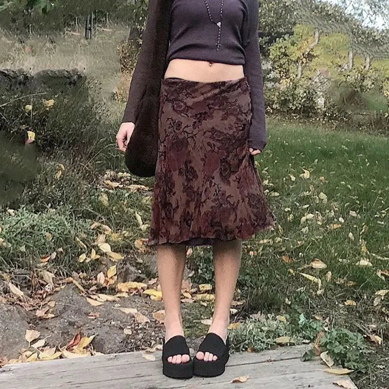 maoxiangshop - Harajuku Vintage Long Skirts Women Floral Print Gothic Retro Skirts Grunge Aesthetic Streetwear Punk A Line Midi Skirt