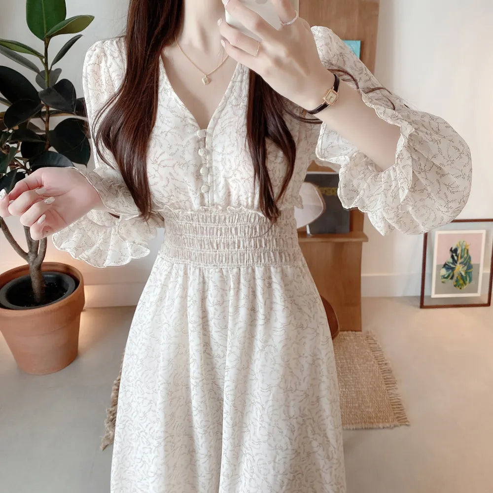 maoxiangshop Korean Floral Print Midi Dresses for Women Summer New Pleated Slim Waist V-neck Long Sleeves Chiffon Sweet Female Clothing