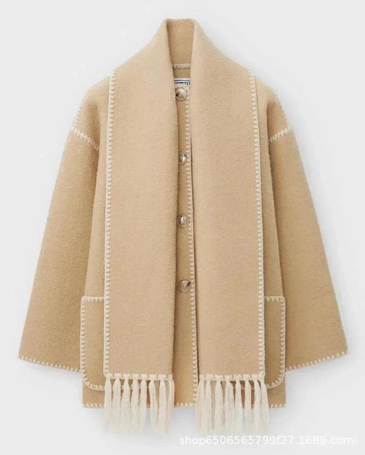 maoxiangshop - Fashion Loose Women Coat With Scarf Long Sleeve Pocket Single Breasted Female Coat 2024 Autumn Winter Fashion Lady Street Jacket