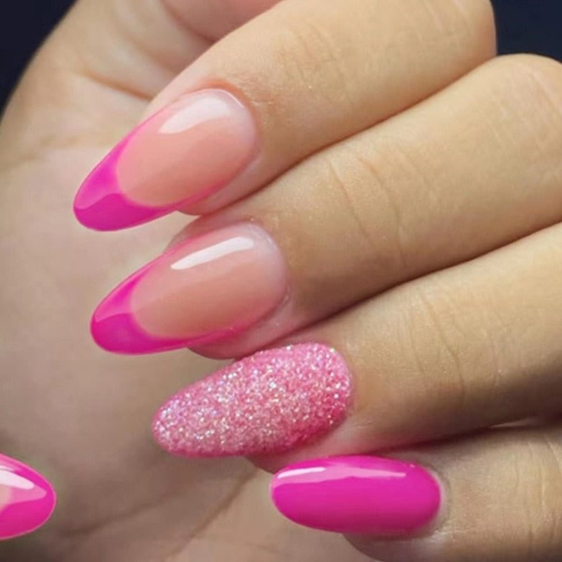 24Pcs False Nails With Glue Almond Pink Butterfly Design Detachable Rhinestones Acrylic Fake Nails long stiletto Press On Nails