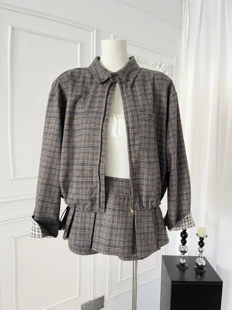 maoxiangshop - Sweet College Style Suit for Women, Plaid Loose Zipper Jacket, High Waist A-line Skirt, 2-Piece Set, Female Clothes, Autumn