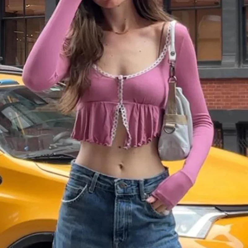 maoxiangshop-y2k Trim Ruffles Crop Top Floral O Neck Full Sleeve T Shirt Women French Harajuku Chic Cute Cardigans Autumn Winter