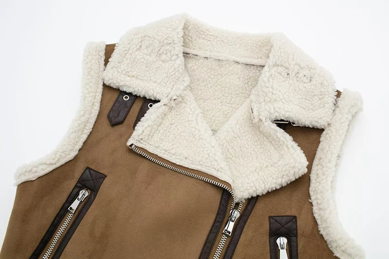 maoxiangshop - Brown Patchwork Pocket Fur Teddy Coats Autumn Sleeveless Thicken Covered Button Cardigan Vest 2023 Female Loose Street Waistcoat