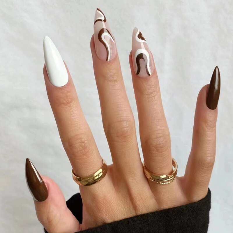 24Pcs Water-drop Almond Fake Nails Sharp Nails Set Press on Stiletto Glitter Silver False Nails Wearable Full Cover Nail Tips