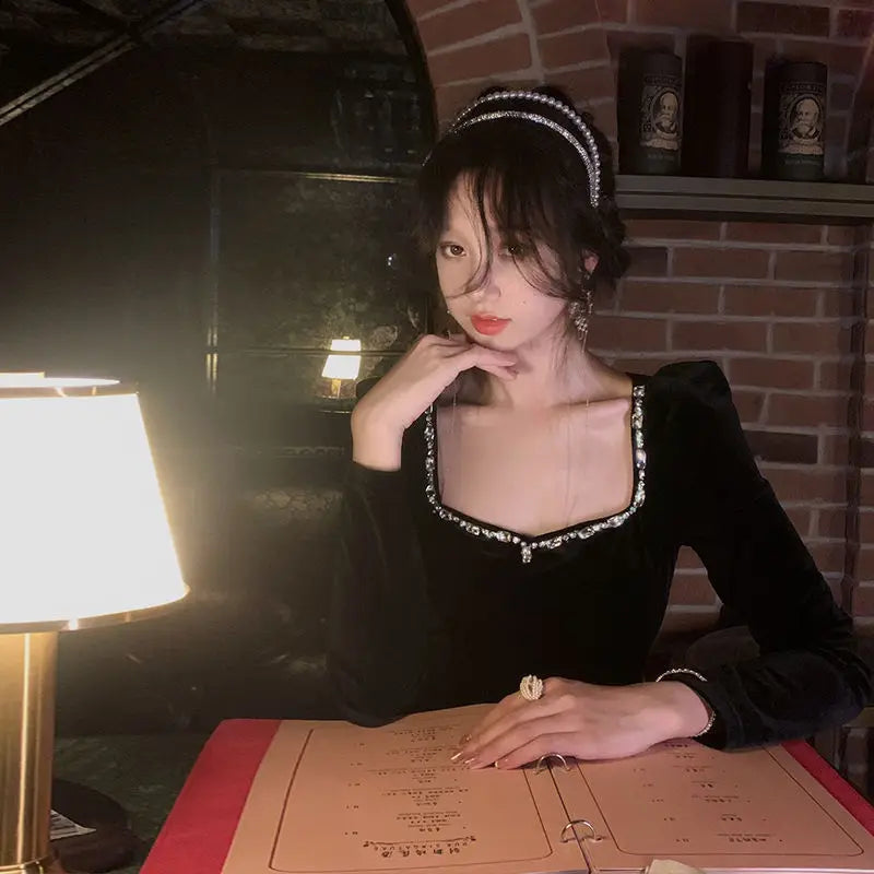 maoxiangshop - Spring Korea Fashion Evening Party Dress Woman Casual Black Velvet Midi Dress Slim Long Sleeve Vintage Dress Elegant Female