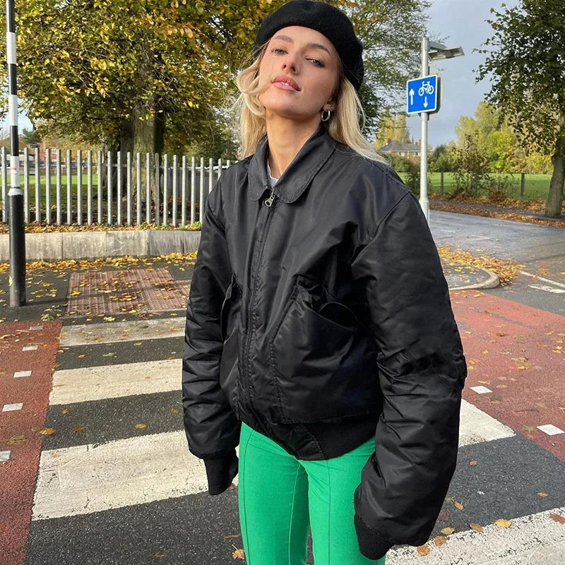 maoxiangshop - Autumn and Winter New Fashion Casual Lapel Stitching Jacket Loose Zipper Lapel Warm Jacket Casual Top women clothes