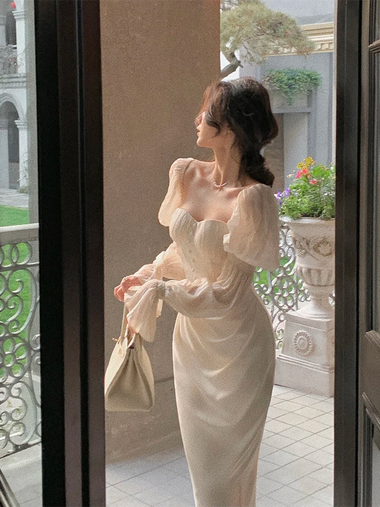 Vintage Women Fashion Elegant Puff Sleeve Midi Corset Maxi Dresses Evening Prom Female Party Lady Clothes Vestdios Summer