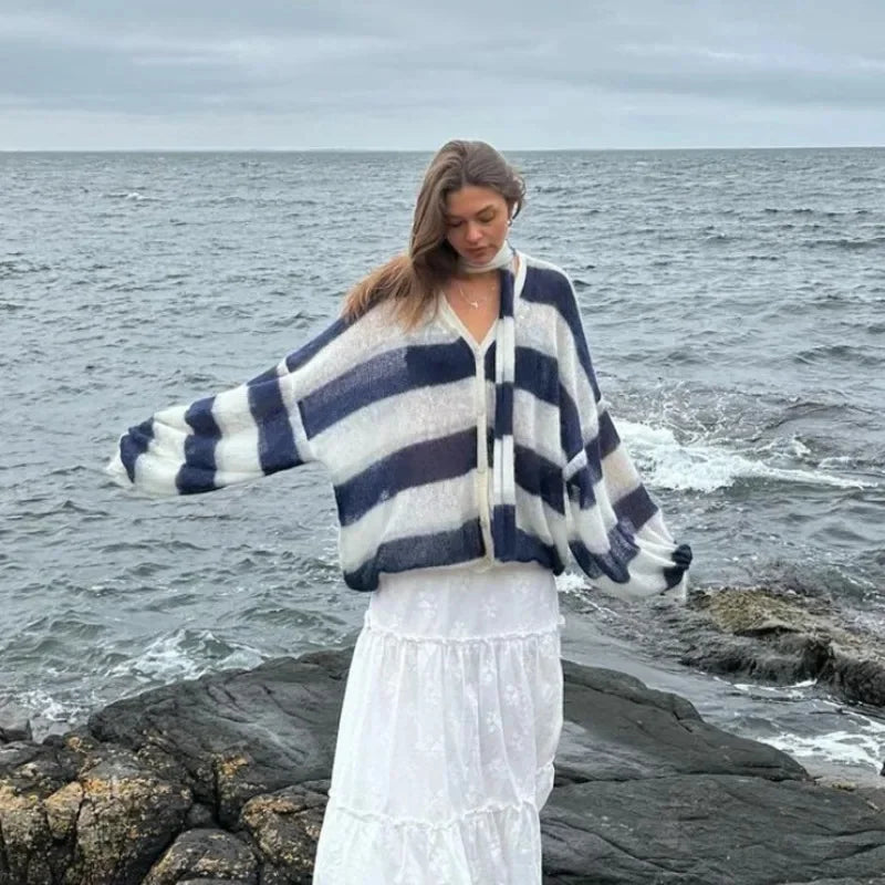 maoxiangshop - Striped Knit Sweater Cardigan With Scarf Women Casual V Neck Lantern Sleeve Coat 2024 Autumn Chic Contrast Lady Fashion Knitwear
