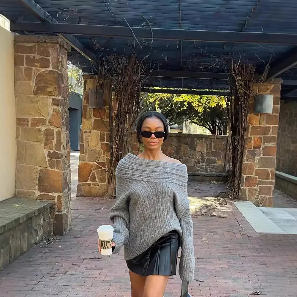 maoxiangshop - Off The Shoulder Autumn Women Sweater Pullover Extended Elongated Sleeves Ultra Knitted Sweater Chic Loose Sweaters Streetwear