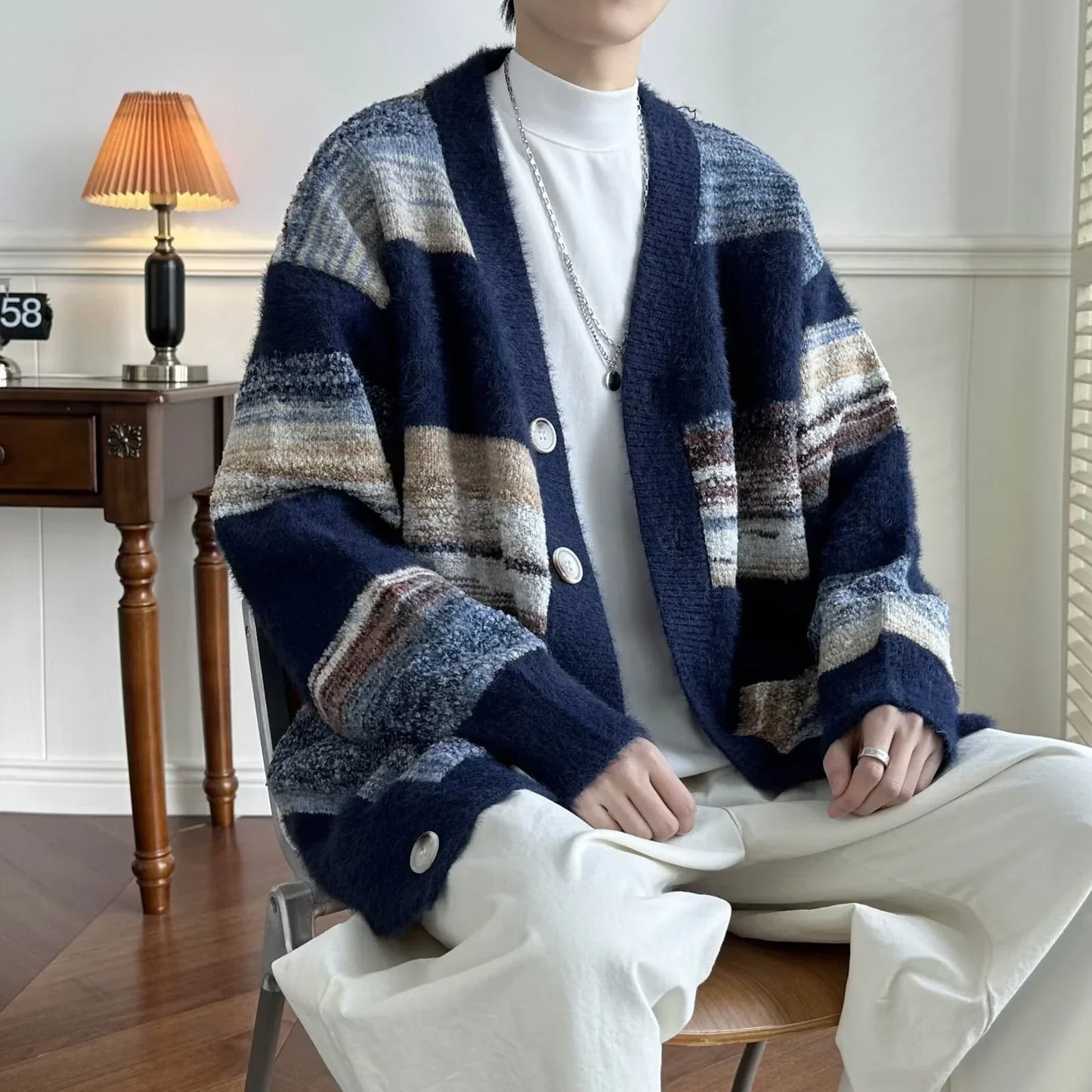 maoxiangshop Striped Cardigan Men Chic Baggy Slouchy V-neck Japanese Style Harajuku Vintage High Street Knitting Sweaters All-match Autumn