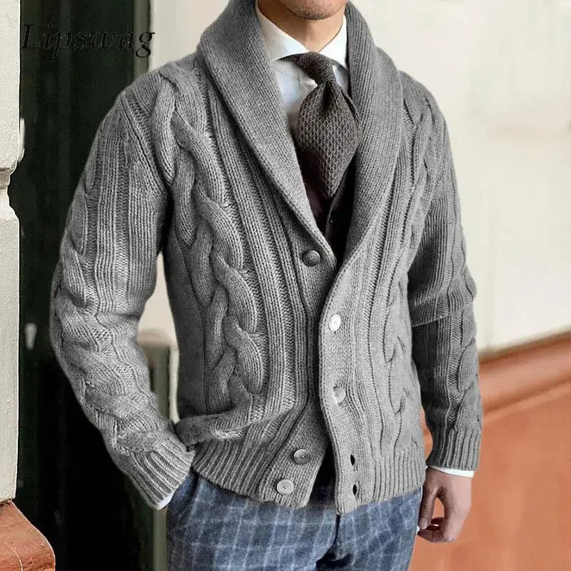 maoxiangshop Autumn Winter Warm Sweater Mens Cardigan Knitted Long Sleeve Breasted Collar Jacket Coat Male Casual Fashion Knitwear Clothing