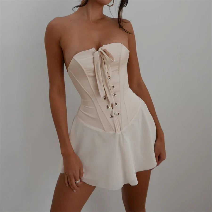 wsevypo Vintage Strapless Bandage Corset Mini Dress for Women Elegant Sleeveless Off-Shoulder Patchwork Short Party Dresses
