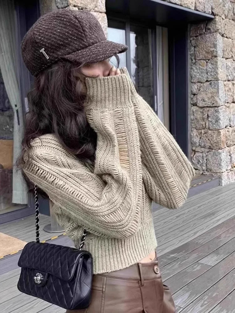 maoxiangshop - Unique Design Hollow V-Neck Sweater Women's Autumn And Winter Solid Color Versatile Slimming Knit Sweater