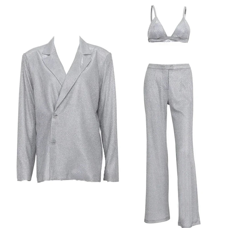 Sliver Sparkly OVersized Blazer Sets For Women Suit Ladies Casual Glitter Coat And Pants Sets Blazer Femme Mujer Party