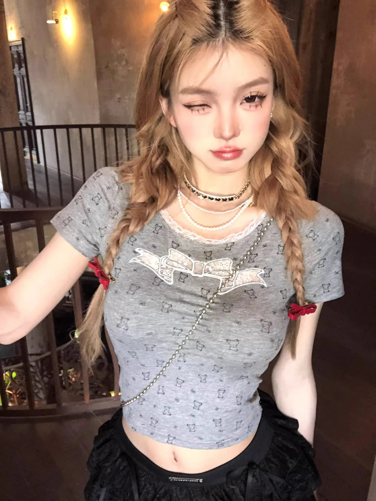 maoxiangshop - 2024 Coquette Unique Kawaii Cute Bow Bear Print Crop Lace T Shirt Women Summer Fashion Japanese Sweet Girls Fashion Cropped Tops