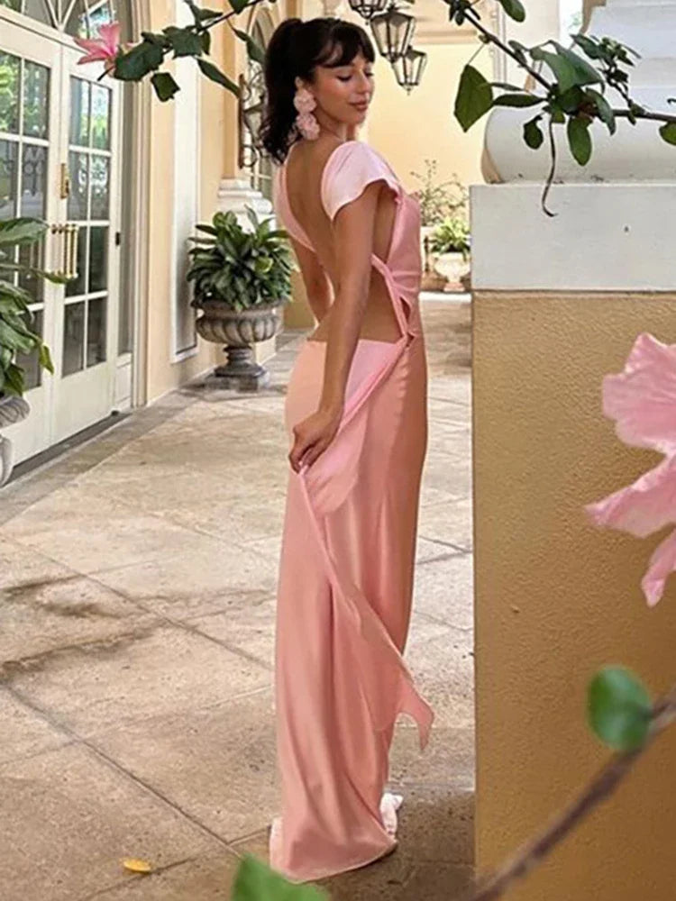 maoxiangshop - Sexy Backless Slip Long Dress For Women Elgant Draped Gown Clothes Bandage Sleeveless Slim Solid Color Dresses Autumn New