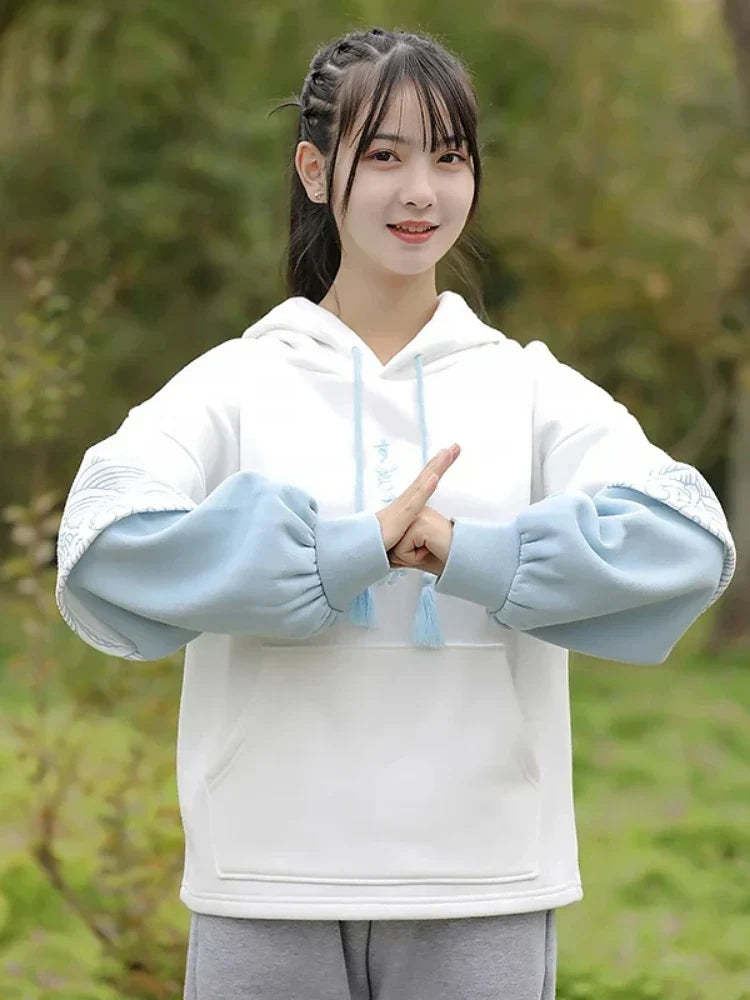 maoxiangshop Japan Style Letter Embroidery Fleece Women Hoodies Patchwork Drawstring Hooded Sweatshirt Winter Female Pullover Tops